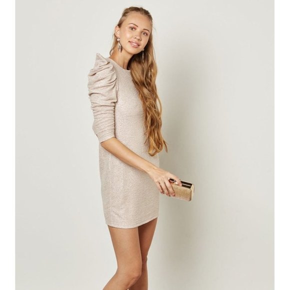 dress shirt puff gold beige ivory dress outfit - Picture 3 of 10